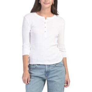 GOLDIE TEE White Pima Cotton Ribbed Henley Neck Top